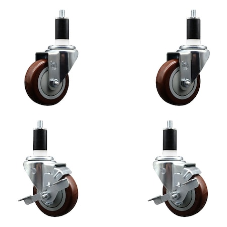 Service Caster 3.5'' SS Maroon Poly Wheel Swivel 1-3/8'' Expanding Stem Caster Set 2 Brakes, 4PK SCC-SSEX20S3514-PPUB-MRN-2-TLB-2-138